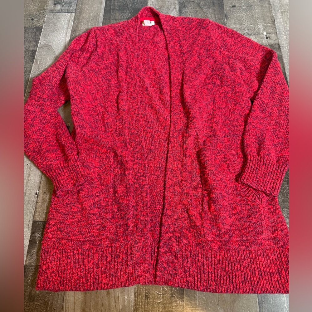 LL Bean Red Marled Open Cardigan M Petite‎ Cotton Grandpa Cozy